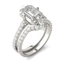 Lab Created Moissanite Emerald-Cut Engagement Ring Set In 14K White Gold
