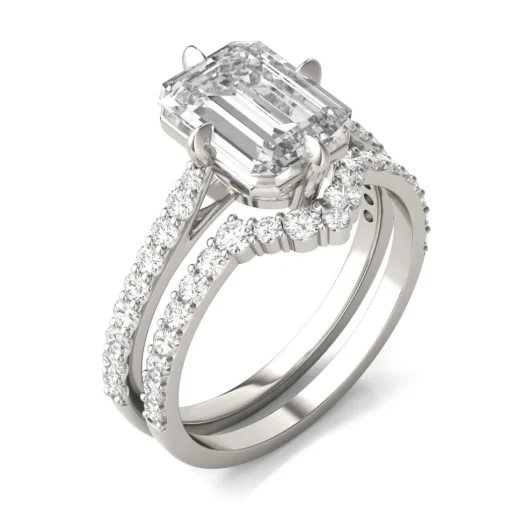 Lab Created Moissanite Emerald-Cut Engagement Ring Set In 14K White Gold