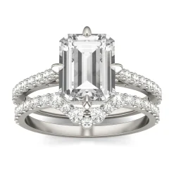 Lab Created Moissanite Emerald-Cut Engagement Ring Set In 14K White Gold
