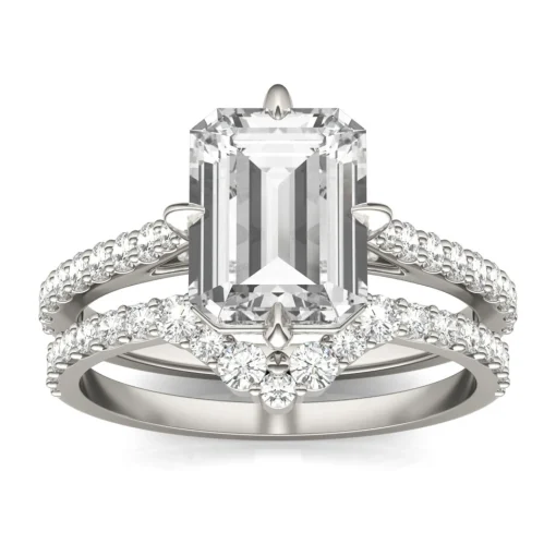 Lab Created Moissanite Emerald-Cut Engagement Ring Set In 14K White Gold