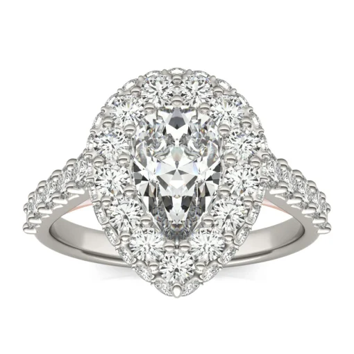 Lab Created Moissanite Pear-Shaped Halo Ring In 14K White And Rose Gold
