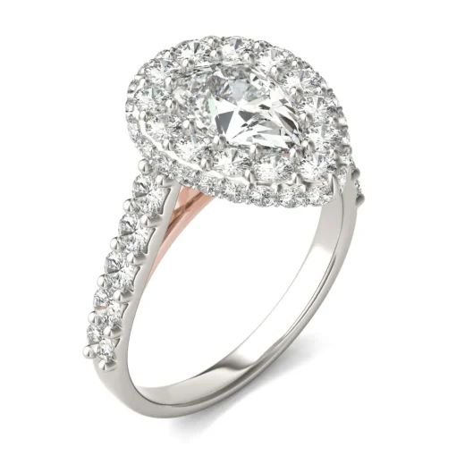 Lab Created Moissanite Pear-Shaped Halo Ring In 14K White And Rose Gold