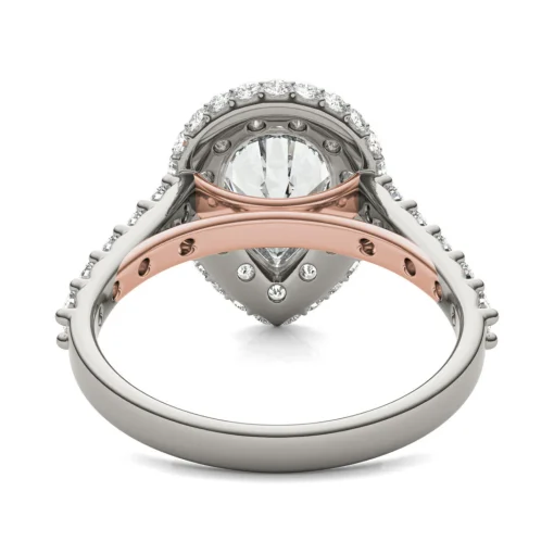 Lab Created Moissanite Pear-Shaped Halo Ring In 14K White And Rose Gold