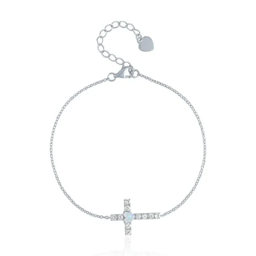 Lab Created Opal & Lab Created White Sapphire Cross Bracelet In Sterling Silver