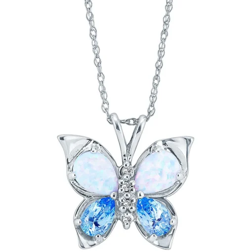 Lab Created Opal, Blue Topaz & Diamond Butterfly Pendant In 10K White Gold