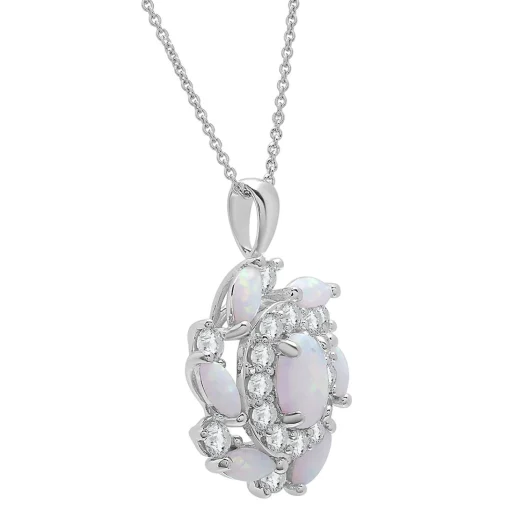 Lab Created Opal Pendant With Double Halo In Sterling Silver
