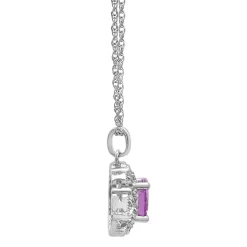Lab Created Pink Sapphire Pendant With Diamond Halo In Sterling Silver