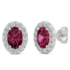 Lab Created Ruby & Moissanite Halo Earrings In 14K White Gold
