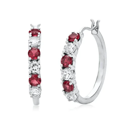 Lab Created Ruby & White Sapphire Hoop Earrings In Sterling Silver