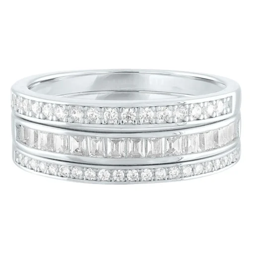 Lab Created White Sapphire Three-Piece Stack Ring Set In Sterling Silver