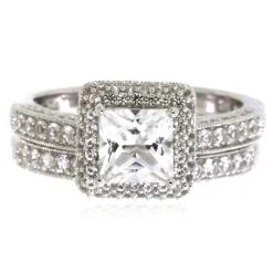 Lab Created White Sapphire Halo Ring Set In Sterling Silver
