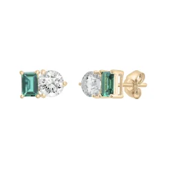 Lab-Created Emerald And Lab-Created White Sapphire Two-Stone Earrings In Vermeil