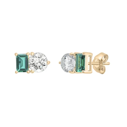 Lab-Created Emerald And Lab-Created White Sapphire Two-Stone Earrings In Vermeil