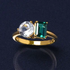 Lab-Created Emerald And Lab-Created White Sapphire Two-Stone Ring In Vermeil