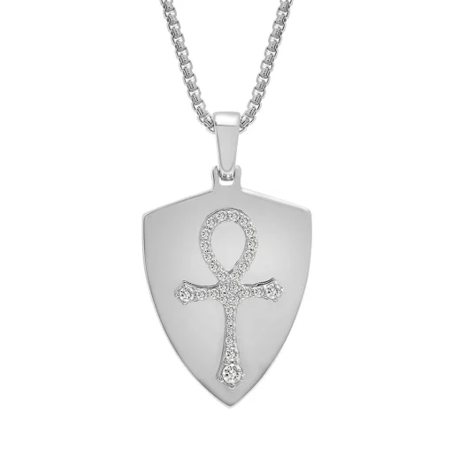 Men's Ankh Cross Shield Pendant In Sterling Silver (1/4 Ct. Tw.)