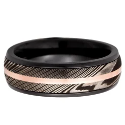 Men's Band In Zirconium, Damascus Steel & 14K Rose Gold, 7Mm