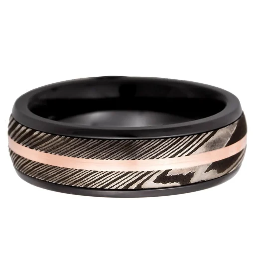 Men's Band In Zirconium, Damascus Steel & 14K Rose Gold, 7Mm