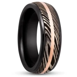 Men's Band In Zirconium, Damascus Steel & 14K Rose Gold, 7Mm