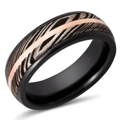 Men's Band In Zirconium, Damascus Steel & 14K Rose Gold, 7Mm