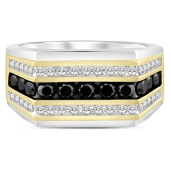 Men's Black And White Diamond Three-Row Ring In 10K White And Yellow Gold (1 1/2 Ct. Tw.)