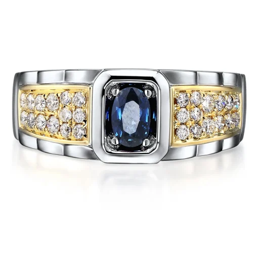 Men's Blue Sapphire & Diamond Ring In 10K Yellow & White Gold (1/2 Ct. Tw.)
