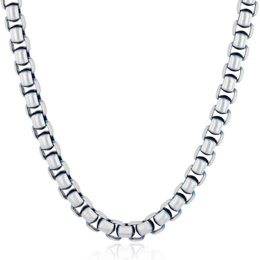 Men's Box Chain Necklace With Blue Ion Plating In Stainless Steel, 24"