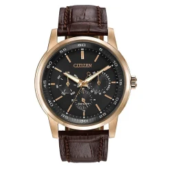 Men's Brown Leather Watch In Rose Gold-Tone Ion-Plated Stainless Steel, 44Mm