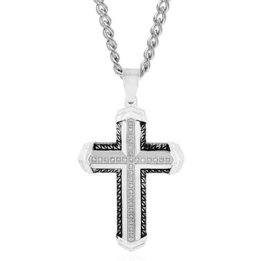 Men's Diamond & Black Ion-Plated Cross Necklace In Stainless Steel (1/4 Ct. Tw.)