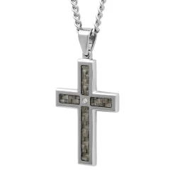 Men's Diamond Cross Pendant In Stainless Steel & Carbon Fiber
