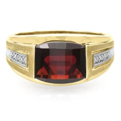 Men's Garnet & Diamond Ring In 10K Yellow Gold