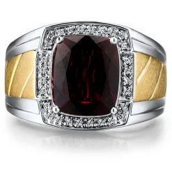 Men's Garnet And Diamond Accent Ring In 10K Yellow And White Gold