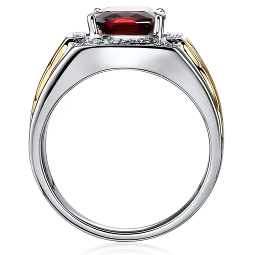 Men's Garnet And Diamond Accent Ring In 10K Yellow And White Gold