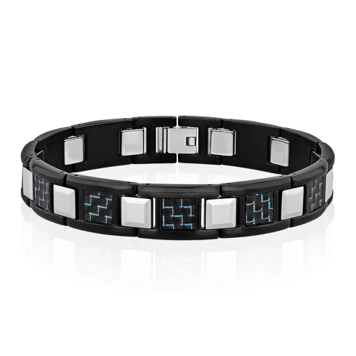 Men's Link Bracelet With Blue Carbon Fiber In Black Ion-Plated Stainless Steel