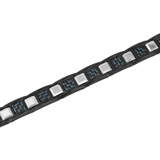 Men's Link Bracelet With Blue Carbon Fiber In Black Ion-Plated Stainless Steel
