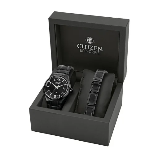 Men's Watch & Bracelet Set In Black Ion-Plated Stainless Steel