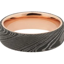 Men's Wedding Band With 14K Rose Gold In Damascus Steel, 7Mm