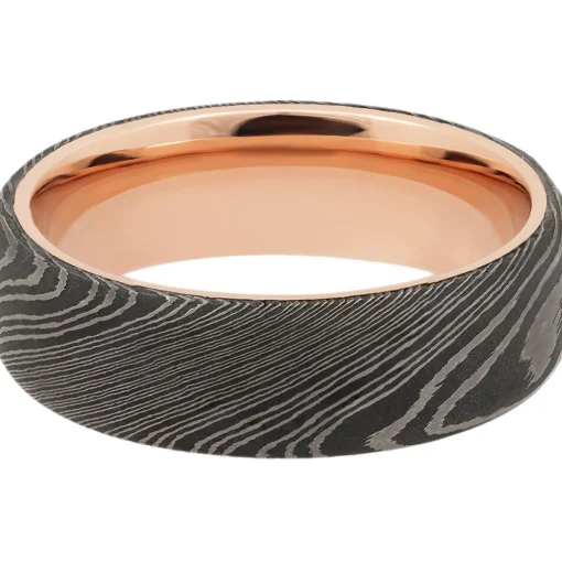 Men's Wedding Band With 14K Rose Gold In Damascus Steel, 7Mm