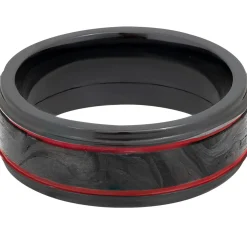 Men's Wedding Band With Red Cerakote In Carbon Fiber & Black Zirconium, 8Mm