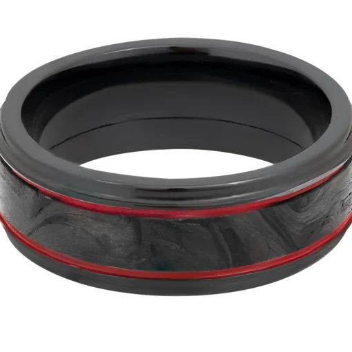Men's Wedding Band With Red Cerakote In Carbon Fiber & Black Zirconium, 8Mm