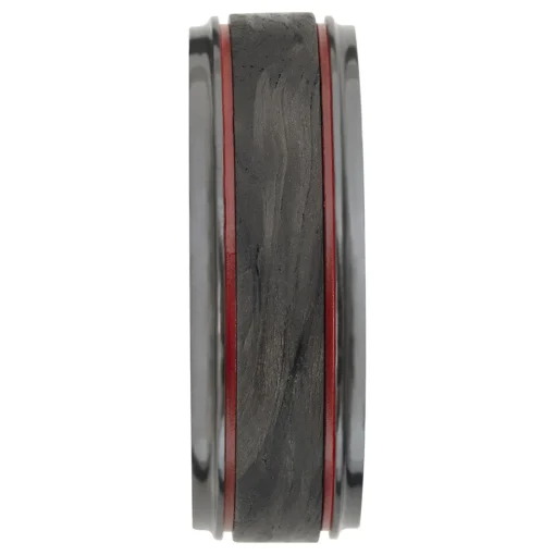 Men's Wedding Band With Red Cerakote In Carbon Fiber & Black Zirconium, 8Mm