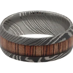 Men's Wood Inlay Wedding Band In Damascus Steel