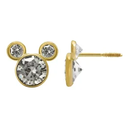 Mickey Mouse Cubic Zirconia Diamond Stud Earrings In 14K Yellow Gold