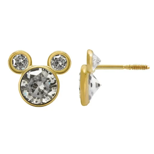 Mickey Mouse Cubic Zirconia Diamond Stud Earrings In 14K Yellow Gold