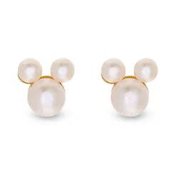 Mickey Mouse Pearl Stud Earrings In 14K Yellow Gold