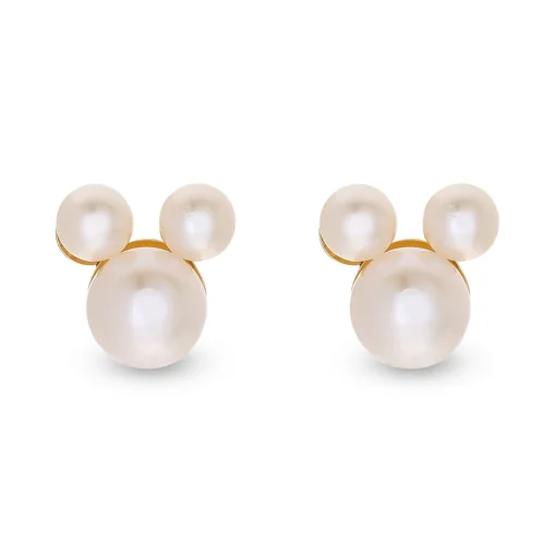 Mickey Mouse Pearl Stud Earrings In 14K Yellow Gold