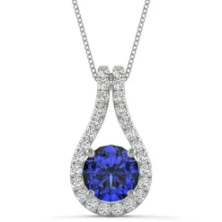 Moissanite & Lab Created Blue Sapphire Drop Pendant In 14K White Gold