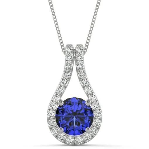 Moissanite & Lab Created Blue Sapphire Drop Pendant In 14K White Gold