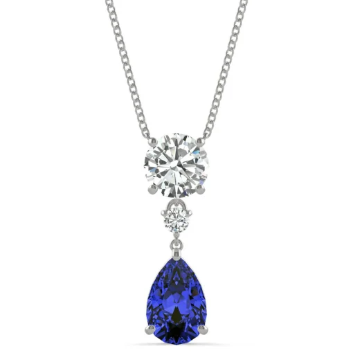 Moissanite & Lab Created Pear-Shaped Blue Sapphire Pendant In 14K White Gold
