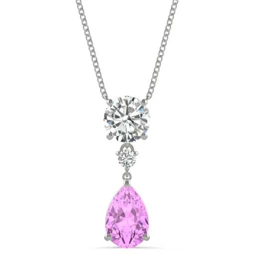 Moissanite & Lab Created Pear-Shaped Pink Sapphire Pendant In 14K White Gold
