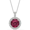 Moissanite & Lab Created Ruby Halo Pendant In 14K White Gold